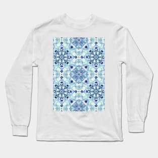 Navy Blue, Green & Cream Detailed Lace Doodle Pattern Long Sleeve T-Shirt